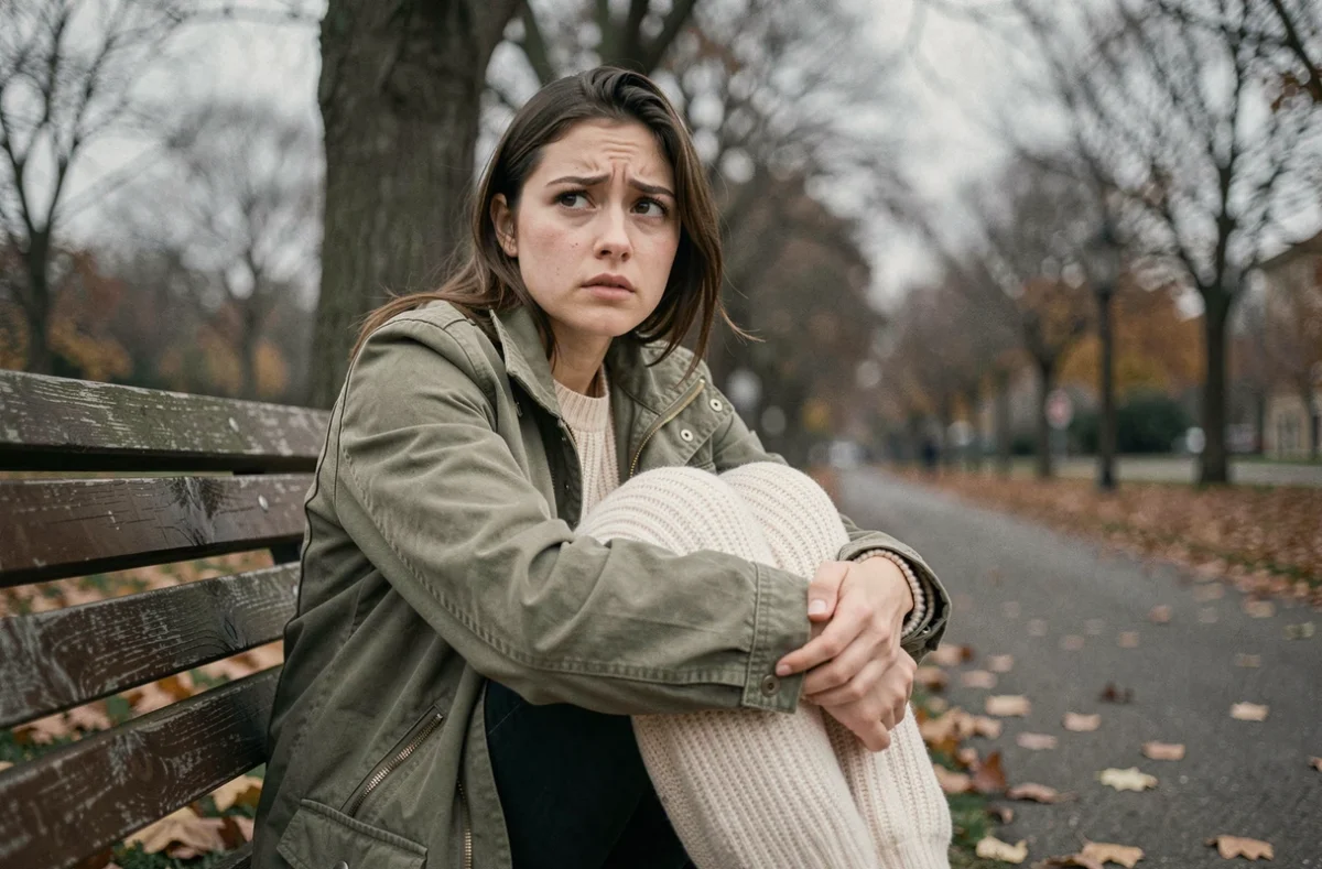 Jeune femme assise seule sur un banc de parc en automne, bras croisés sur elle-même, regard perdu dans le vide après une frayeur ou un choc émotionnel