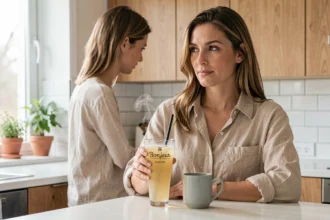 Femme tenant un verre de Bonjour boisson à côté d'un café dans une cuisine moderne, illustrant comment intégrer la boisson dans sa routine matinale
