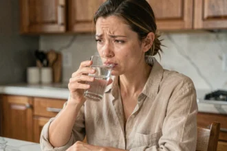 Femme tenant un verre d'eau fraîche pour soulager une brûlure au palais dans une cuisine moderne