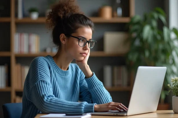 Jeune femme au bureau regardant son ordinateur portable