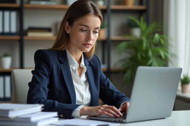 Femme concentrée travaillant sur son ordinateur dans un bureau moderne