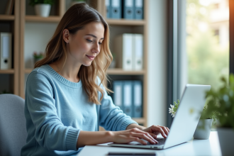 Femme travaillant sur un ordinateur dans un bureau lumineux