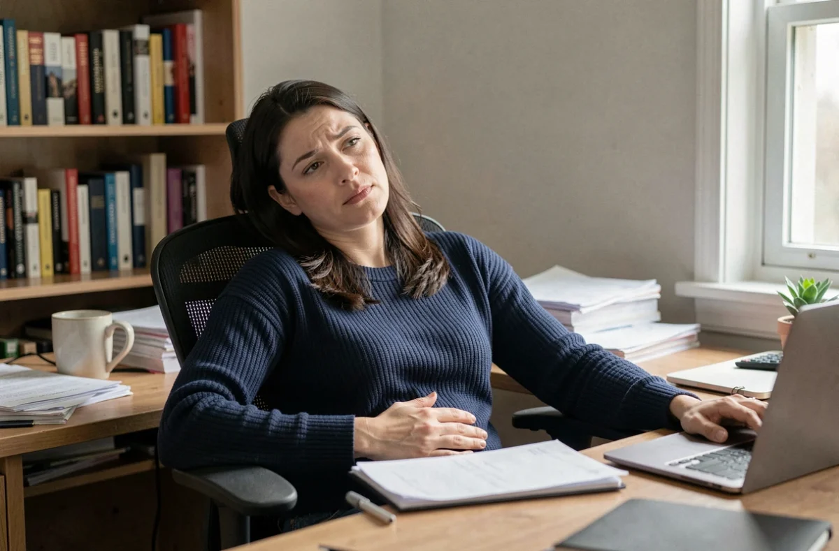 Femme au bureau à domicile souffrant d'inconfort abdominal lié au stress chronique