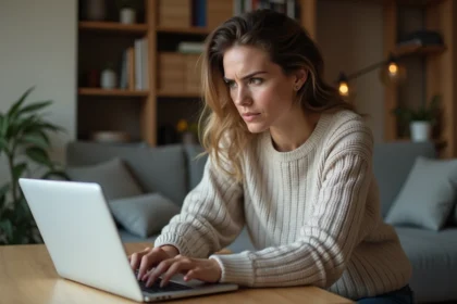 Femme pensant devant un ordinateur avec calculateur d'espérance de vie