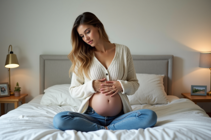 Femme en jeans et pull doux posant sur le lit