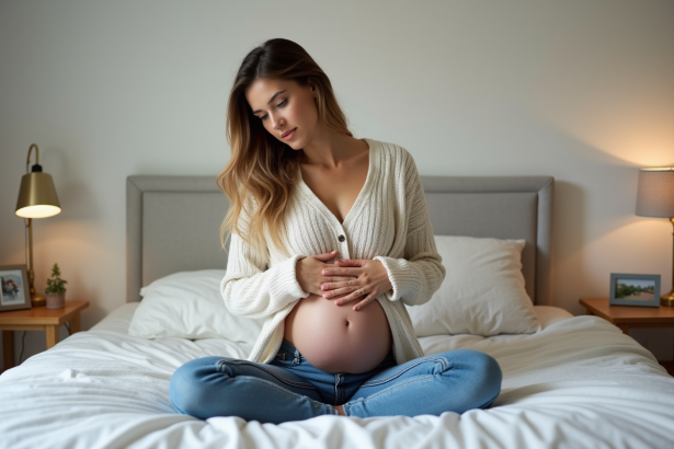 Femme en jeans et pull doux posant sur le lit