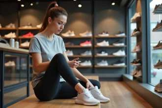 Femme examinant des chaussures de course confortables en magasin