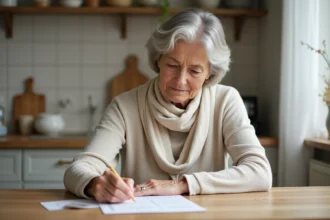 Femme âgée vérifiant une checklist spa dans une cuisine moderne
