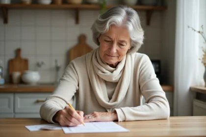 Femme âgée vérifiant une checklist spa dans une cuisine moderne