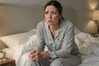 Femme assise sur le bord d'un lit en état de choc émotionnel, mains crispées, expression figée traduisant les tremblements internes après une forte frayeur