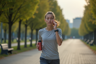 Jeune femme courant dans un parc urbain en pleine journée