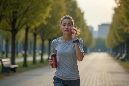 Jeune femme courant dans un parc urbain en pleine journée