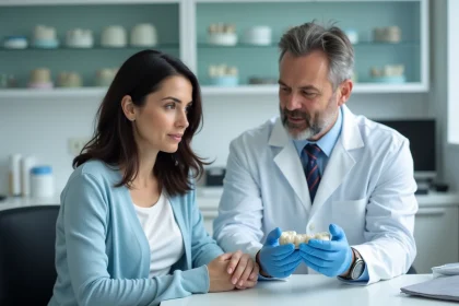 Femme observant un prothesiste dentaire en laboratoire