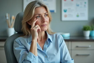 Femme d'âge moyen avec cicatrice sur le nez en consultation dermatologique