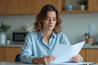 Femme dans la cuisine consulte un dossier médical organisé