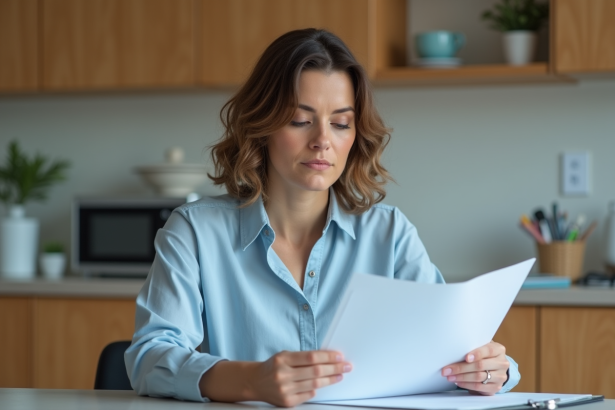 Femme dans la cuisine consulte un dossier médical organisé