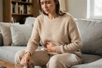 Femme tenant son bas ventre gauche sur un canapé, expression de douleur abdominale liée au côlon irritable