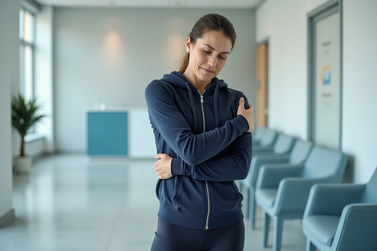 Femme tenant son thorax dans une salle d'attente médicale, symptôme typique d'une côte fêlée rendant la respiration douloureuse