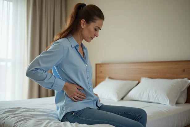 Femme de dos se tenant le dos dans une chambre moderne