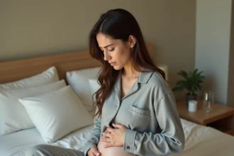 Femme souffrant de douleurs abdominales liées à un kyste ovarien assise sur son lit en pyjama