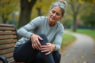 Femme assise sur un banc de parc tenant son genou intérieur douloureux, illustrant la douleur à la patte d'oie