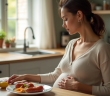 Femme enceinte dans la cuisine regarde un plat de chorizo cuit