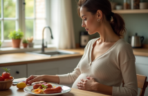 Femme enceinte dans la cuisine regarde un plat de chorizo cuit