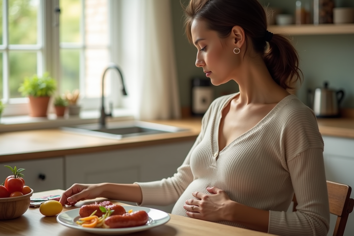Femme enceinte dans la cuisine regarde un plat de chorizo cuit