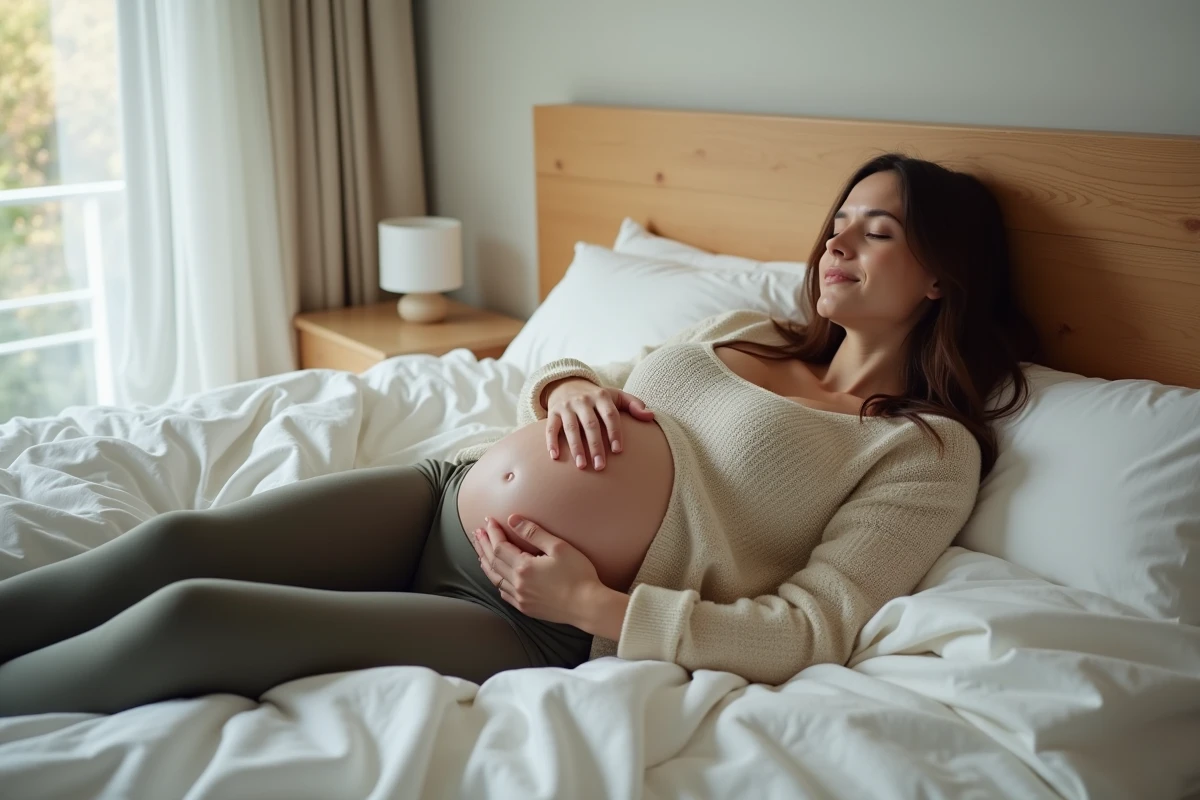 Femme enceinte reposant dans son lit avec coussins blancs