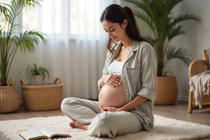 Femme enceinte en détente dans un salon apaisant
