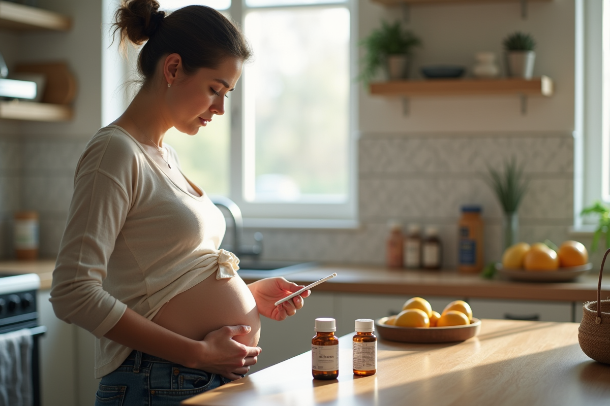 Femme enceinte vérifiant une médication dans la cuisine