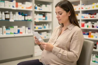 Femme enceinte lisant la notice d'un médicament en pharmacie pour vérifier les effets secondaires du Proteochoc