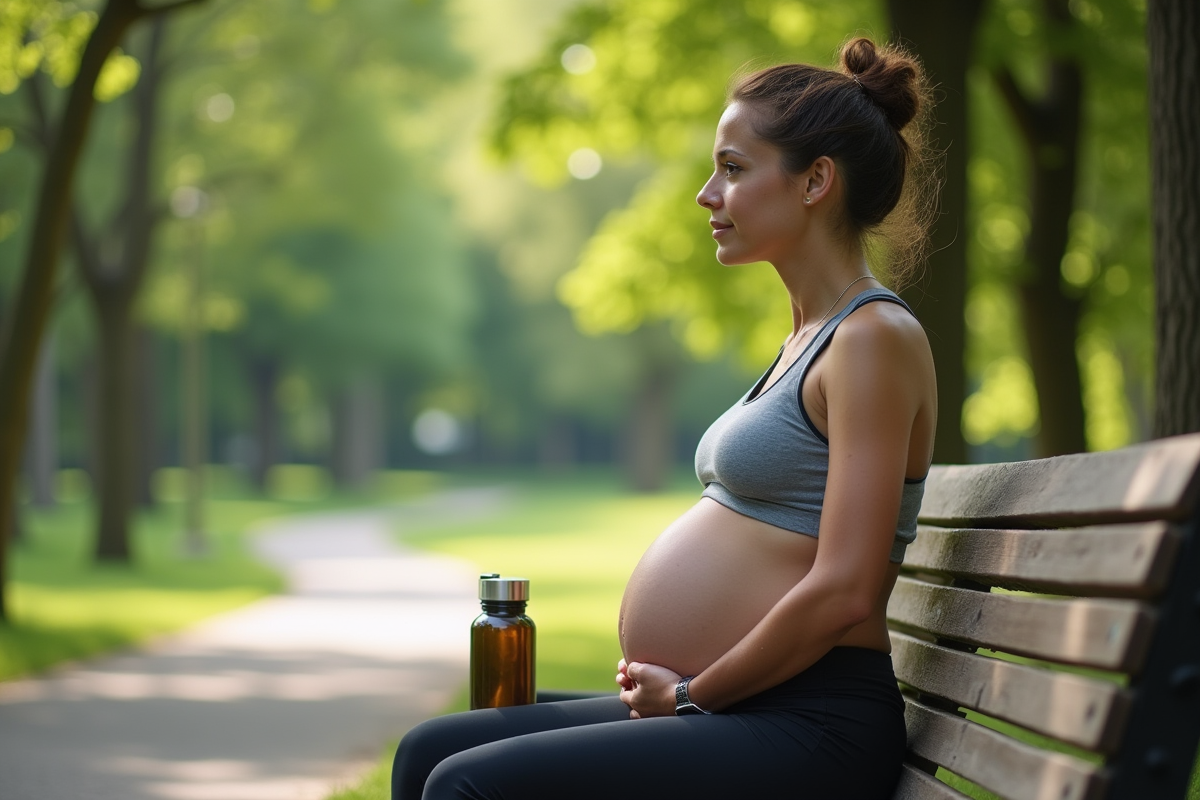 Femme enceinte assise dans un parc verdoyant lors d