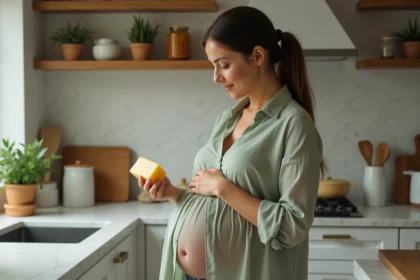 Femme enceinte lisant attentivement l'étiquette d'un bloc de parmesan pasteurisé dans une cuisine moderne et lumineuse