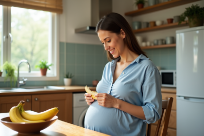 Femme enceinte dans la cuisine peele une banane