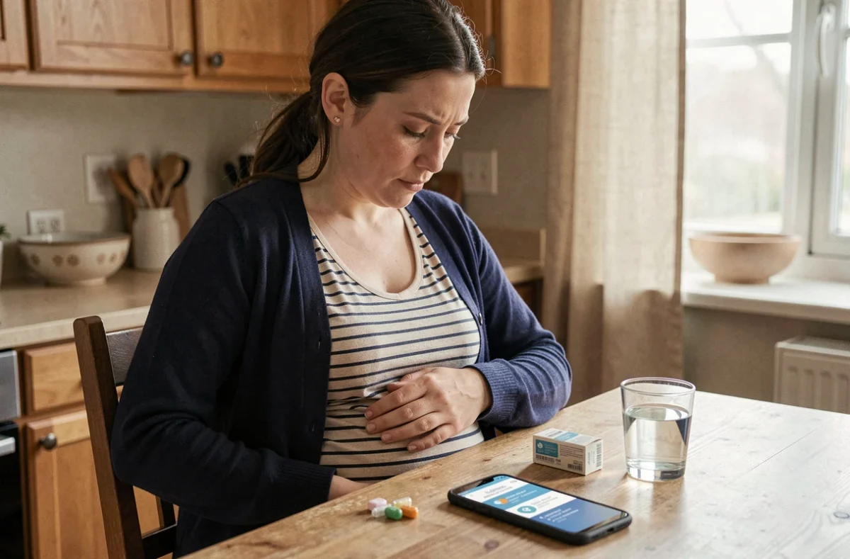 Femme enceinte à la maison consultant son téléphone sur les précautions à prendre avec le Proteochoc