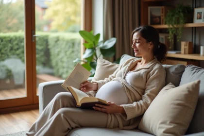 Femme enceinte lisant un livre dans un salon cosy