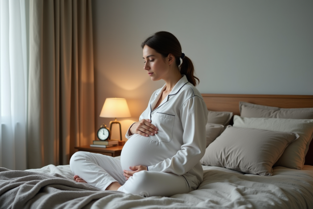 Femme enceinte assise sur le lit dans une chambre calme