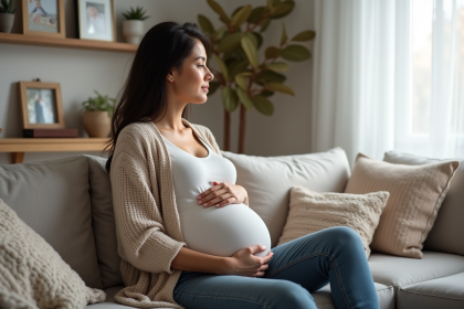 Femme enceinte assise dans un salon chaleureux