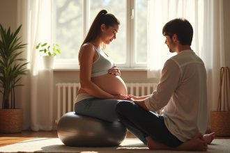 Femme enceinte assise sur un ballon dans un salon lumineux