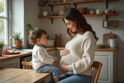 Femme enceinte avec son enfant à la table de cuisine