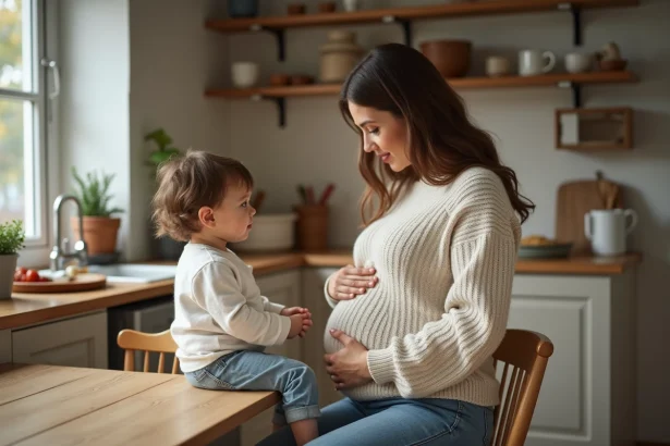 Femme enceinte avec son enfant à la table de cuisine