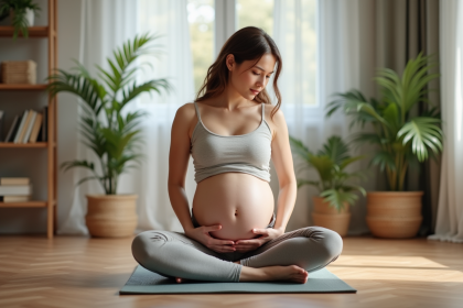 Femme enceinte faisant du yoga dans un salon cosy