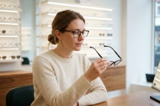 Femme essayant des lunettes de vue dans un magasin d'optique moderne, comparant différentes montures