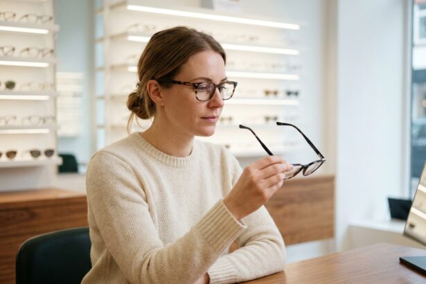 Femme essayant des lunettes de vue dans un magasin d'optique moderne, comparant différentes montures