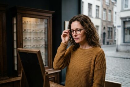 Femme essayant des lunettes rondes en écaille dans une petite boutique d'opticien indépendant en centre-ville