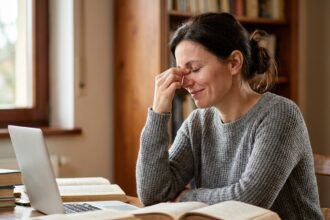 Femme fatiguée des yeux se massant le nez devant son bureau, illustrant la fatigue oculaire au quotidien