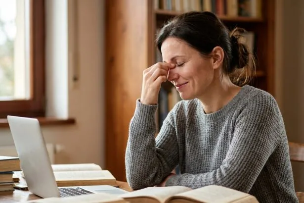 Femme fatiguée des yeux se massant le nez devant son bureau, illustrant la fatigue oculaire au quotidien