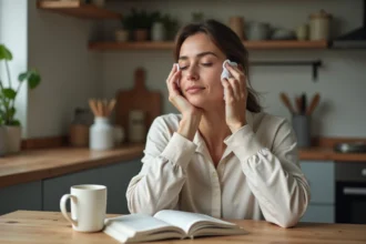 Femme d'âge mûr appliquant un soin apaisant sur son visage dans une cuisine moderne, illustration de la gestion quotidienne du zona et de la douleur