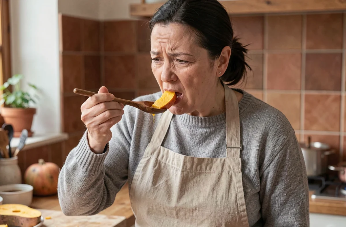 Femme qui goûte avec attention la chair d'un potimarron cuit dans une cuisine rustique, expression d'évaluation sensorielle